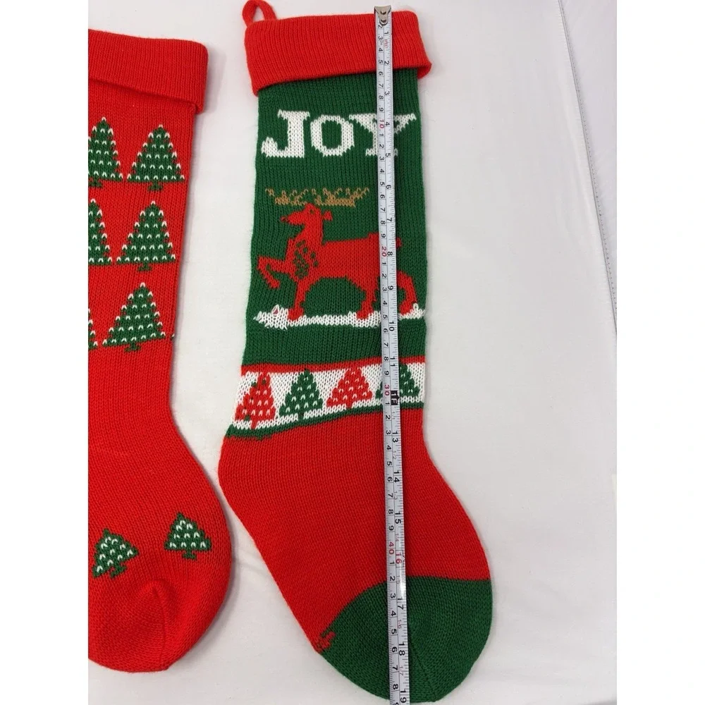 3 Vintage Red Green Joy Reindeer Trees Knit Christmas Stocking Granny Core 80's